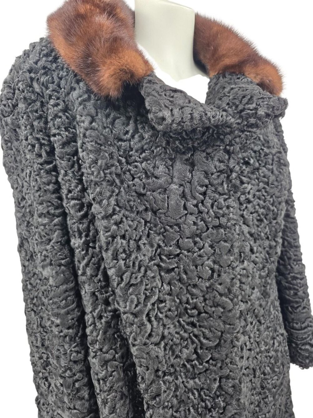 Vintage Black Persian Lamb Full-Length Coat Brown Mink Collar, Large